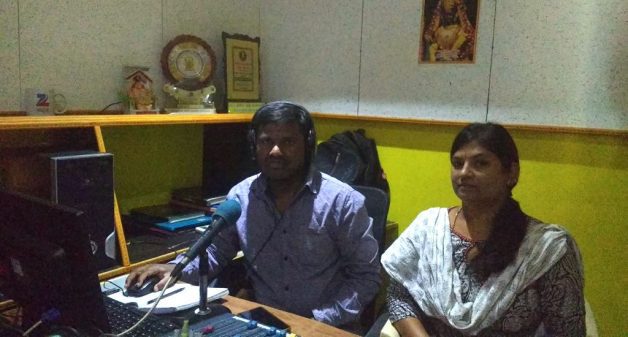 Sunil and Nagamani at the Sarathi Jhalak radio station during a program. (Photo by Sudha Narasimhachar)