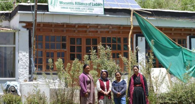 Tsering Chondol (right), President of Women’s Alliance of Ladakh, with three other members outside their office in Leh (Photo by Athar Parvaiz)